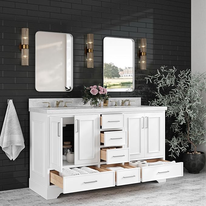 ARIEL Stafford 60-inch Bathroom Vanity with Sink,Solid Wood, 1.5-inch Italian Carrara Marble Countertop, Double Rectangular Porcelain Sink, 4 Soft Closing Doors, 6 Dovetail Drawers, White