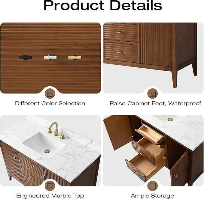 Vanity Art 48 inch Walnut Bathroom Vanity with Single Sink & Ceramic Top, Vanity Cabinet with Soft-Closing Door, Solid Wood Frame, Linear Pattern, Walnut, VA9148-Walnut-MB,Matte Black Handles