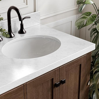 ARIEL Cambridge 66-inch Bathroom Vanity with Sink,Solid Wood, 1.5-inch Italian Carrara Marble Countertop, Double Oval Porcelain Sink, 4 Soft Closing Doors, 6 Dovetail Drawers, Brown Oak