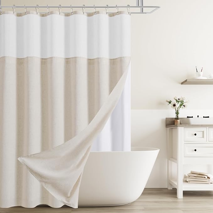 Linen Shower Curtain 72 Inches for Bathroom Beige Double Layer | Natural Ivory Cream, Curtains with Hook, Snap in Liner, Water Repellent, Bath Decor, 1 Panel, 72x72