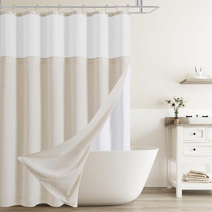 Linen Shower Curtain 72 Inches for Bathroom Beige Double Layer | Natural Ivory Cream, Curtains with Hook, Snap in Liner, Water Repellent, Bath Decor, 1 Panel, 72x72