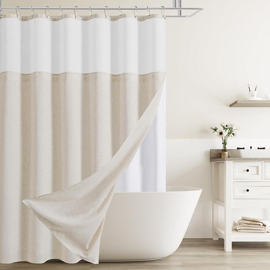 Linen Shower Curtain 72 Inches for Bathroom Beige Double Layer | Natural Ivory Cream, Curtains with Hook, Snap in Liner, Water Repellent, Bath Decor, 1 Panel, 72x72