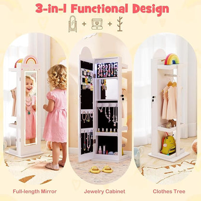 HONEY JOY Kids Jewelry Cabinet with LED Lights, Rainbow Standing Jewelry Armoire w/Full-Length Mirror & Makeup Mirror, Ring Slot, Lockable Princess Jewelry Organizer Storage for Toddler Girls(White)