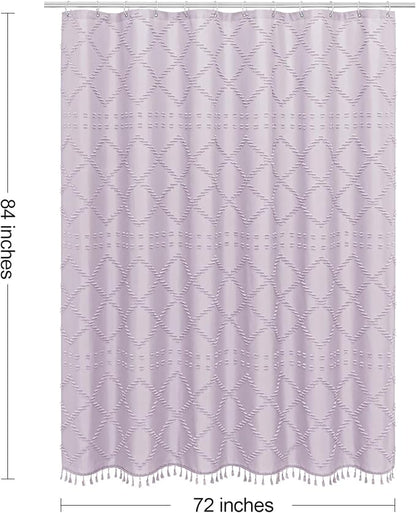 Lavender Boho Fabric Shower Curtain with Tassel 72x84, Tufted Textured | Modern Farmhouse Curtain for Bathroom, Extra Long Bathroom Curtain, Minimalist Decor, Waterproof
