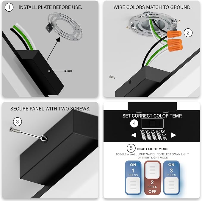 24 Inch Bathroom Vanity Light Fixtures with Night Light: Long Square Wall Mounted LED Lighting Bar Over Mirror with 5CCT & 2200K Color Changing, 120V, 1230-1350lm, ETL, Matte Black, 2 Packs