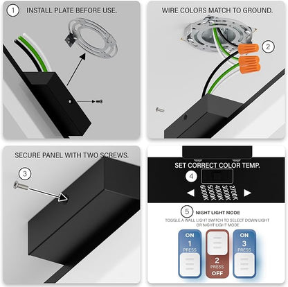 24 Inch Bathroom Vanity Light Fixtures with Night Light: Long Square Wall Mounted LED Lighting Bar Over Mirror with 5CCT & 2200K Color Changing, 120V, 1230-1350lm, ETL, Matte Black, 2 Packs
