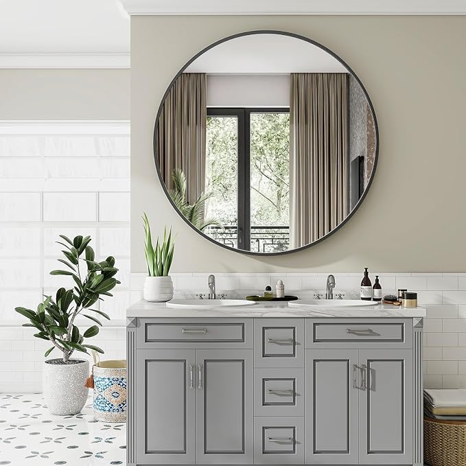 Large Black Round Bathroom Mirror 42" with Thin Metal Frame | Circle Wall Mounted Mirror Hanging or Leaning Decor for Hallway, Entryway, Fireplace Mantel, Living Room