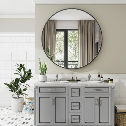 Large Black Round Bathroom Mirror 42" with Thin Metal Frame | Circle Wall Mounted Mirror Hanging or Leaning Decor for Hallway, Entryway, Fireplace Mantel, Living Room