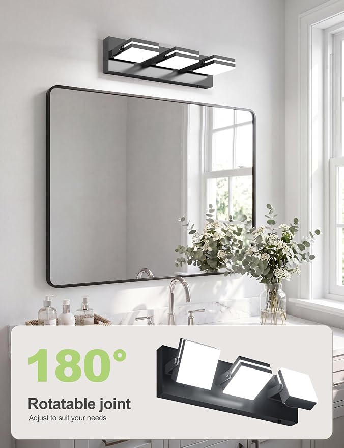 VOLISUN 3 Light Bathroom Vanity Light, 24 inch Dimmable Bathroom Light Fixtures Over Mirror, 5 Color Temperatures, 180°Rotatable Head, Black LED Vanity Lights for Bathrooms-ETL Certificated