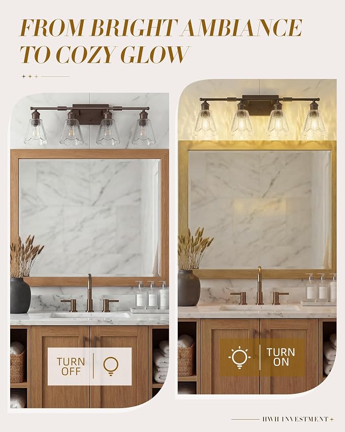 HWH 4-Light Bathroom Vanity Light, Clear Floral Glass, 5HJX110B-4W ORB | Oil-Rubbed Bronze Finish, Farmhouse, Wall Light Sconces for Bathroom, Bathroom Mirror Wall Light, Standard E26 Bulb Socket