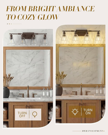 HWH 4-Light Bathroom Vanity Light, Clear Floral Glass, 5HJX110B-4W ORB | Oil-Rubbed Bronze Finish, Farmhouse, Wall Light Sconces for Bathroom, Bathroom Mirror Wall Light, Standard E26 Bulb Socket
