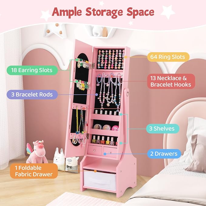 CHARMAID Kids Jewelry Armoire Cabinet - Standing jewelry Organizer for Girls, Full Length Mirror, Storage Drawers and Shelves, Kids Vanity Dressing Mirror with Storage (Pink)