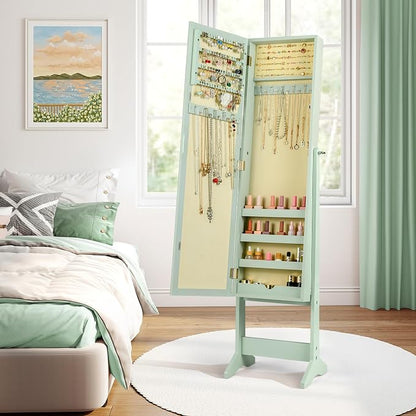 Giantex Jewelry Armoire with Full Length Mirror, Standing Jewelry Cabinet Organizer with 3 Tilting Angles, Bedroom Dressing Mirror with Large Storage for Earrings, Rings, Necklaces, Sage