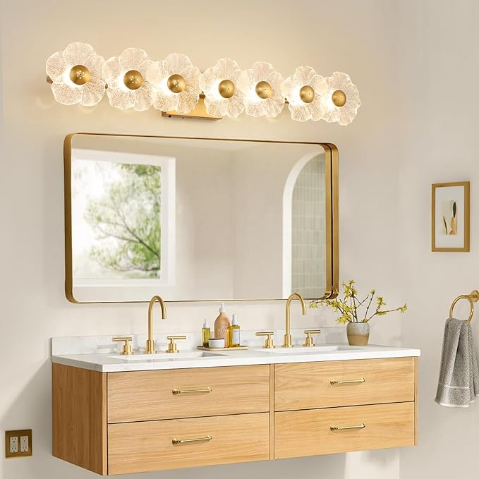 MantoLite Bathroom Light Fixtures Modern Vanity Light Over Mirror Adjustable 3000K-6000K Picture Lights Art Light with Floral Clear Glass Shades for Living Room Bedroom Wall Sconces (7 Light Gold)
