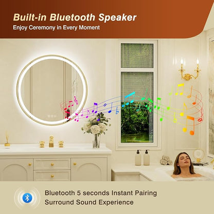 30 Inch Round Gold Framed LED Bathroom Mirror with Lights, Built-in Bluetooth Speaker,Tempered Glass,Dimmable Lighted Bathroom Vanity Mirror with 3 Colors, Backlit + Frontlit, Memory, Anti-Fog