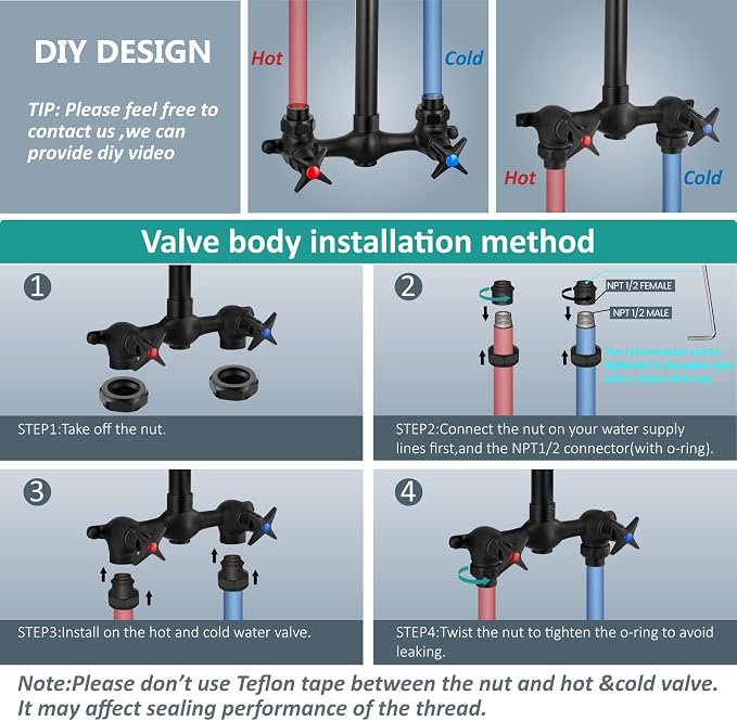 Aolemi Outdoor Shower Kit, 6-Inch Center, 2-Handle, Matte Black | Solid Brass Mixer Valve, SUS304 Shower Pipe, Dual-Handle Hot And Cold Control, Reversible Inlets, and Rotating Head