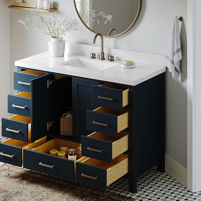 ARIEL Cambridge 48-inch Bathroom Vanity with Sink,Solid Wood, 1.5-inch Pure White Quartz Countertop & Backsplash, Single Oval Porcelain Sink, 2 Soft Closing Doors, 9 Dovetail Drawers, Midnight Blue