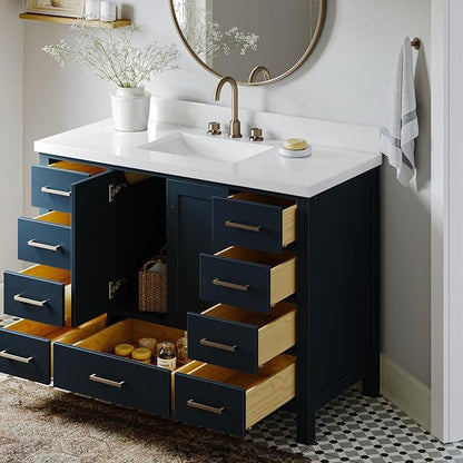 ARIEL Cambridge 48-inch Bathroom Vanity with Sink,Solid Wood, 1.5-inch Pure White Quartz Countertop & Backsplash, Single Oval Porcelain Sink, 2 Soft Closing Doors, 9 Dovetail Drawers, Midnight Blue