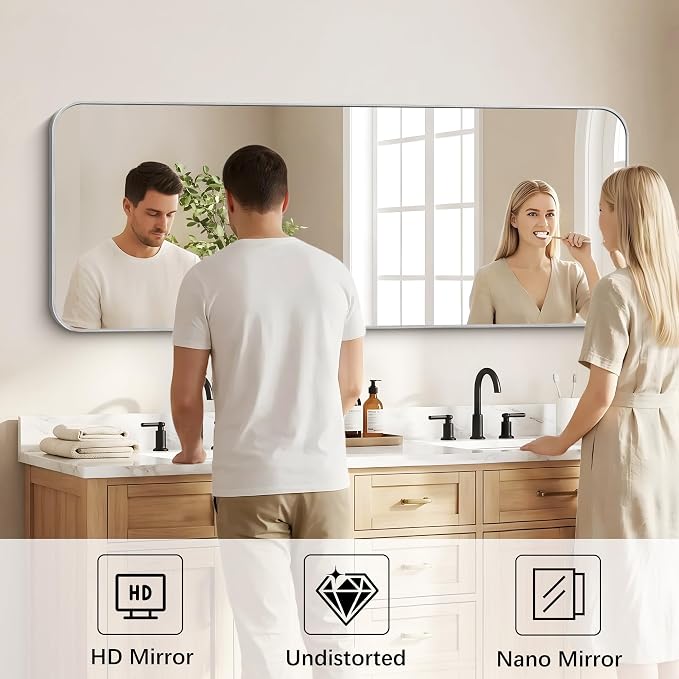 DESBING 60"x24" Bathroom Mirror for Over Sink, Silver Framed Wall Mirror | High-Definition Shatterproof Vanity Mirror with Rounded Corner for Bedroom Living Room Entryway Horizontally or Vertically