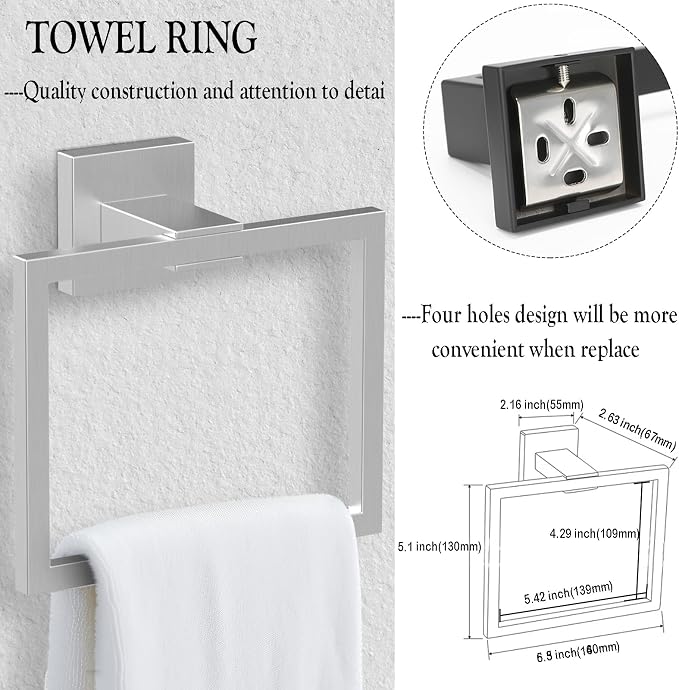 BOZWELL 5 Piece Brushed Nickel Stainless Steel Towel Bar Set, 23.6 inch Square Bathroom Hardware Accessories Set,Wall Mounted Towel Racks for Bathroom with TP