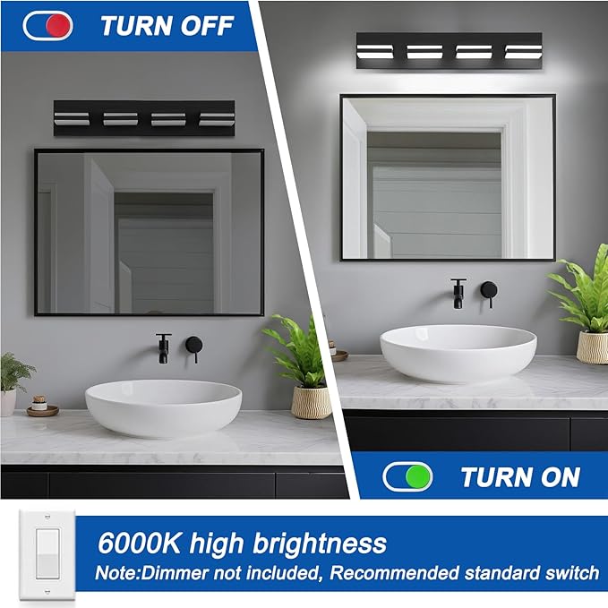 IZORRO LED Modern Bathroom Lights Fixtures(4-Light,Dimmable),Matte Black Acrylic Wall Lighting,Vanity Lights for Bathroom Over Mirror - 6000k 24In （No Assembly Required）