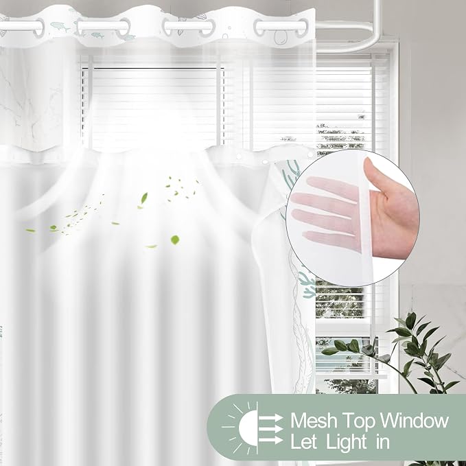 No Hook Shower Curtain and Liner Set, Green Beach Coastal 71x74 | Nautical Ocean for Bathroom, with Snap in Liner Replacement, Mesh Top Window, Waterproof, Machine Washable, Quick-Drying