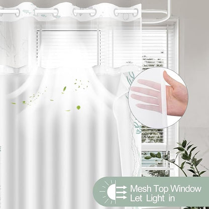 No Hook Shower Curtain and Liner Set, Green Beach Coastal 71x74 | Nautical Ocean for Bathroom, with Snap in Liner Replacement, Mesh Top Window, Waterproof, Machine Washable, Quick-Drying