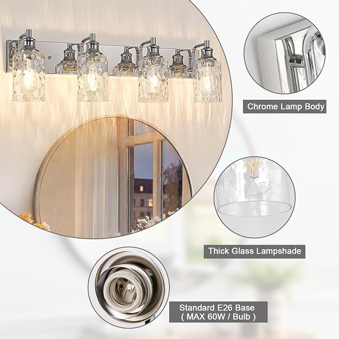 Bathroom Light Fixtures Over Mirror, 4 Lights Vanity Lights with Hammered Glass Shade, 30.8" Chrome Farmhouse Bathroom Light Fixtures for Bedroom, Porch, Hotel, Mirror Cabinet