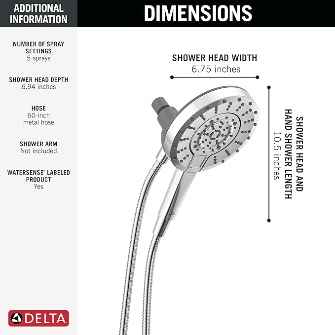 Delta 5-Setting In2ition 2-in-1 Dual Shower Head with Handheld High Pressure ProClean Spray, Chrome Detachable Shower Head with Hose, 1.75 GPM Flow Rate, Chrome 75548