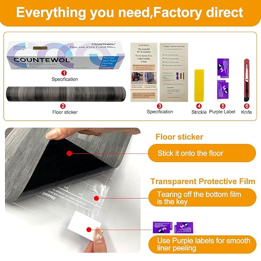 Countewol Stick Vinyl Flooring Roll, Dark Grey Spliced Wood Grain PVC Floor Sheet, Waterproof Scratch Resistant Self Adhesive Flooring for Indoor Home, Camper & Rental House