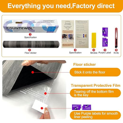 Countewol Stick Vinyl Flooring Roll, Dark Grey Spliced Wood Grain PVC Floor Sheet, Waterproof Scratch Resistant Self Adhesive Flooring for Indoor Home, Camper & Rental House