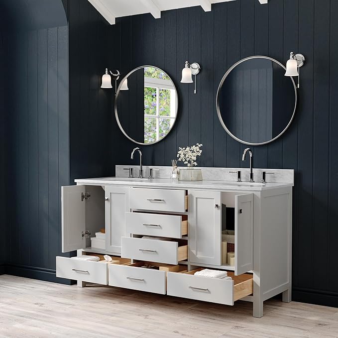 ARIEL Cambridge 66-inch Bathroom Vanity with Sink,Solid Wood, 0.75-inch Italian Carrara Marble Countertop & Backsplash, Double Oval Porcelain Sink, 4 Soft Closing Doors, 6 Dovetail Drawers, Grey