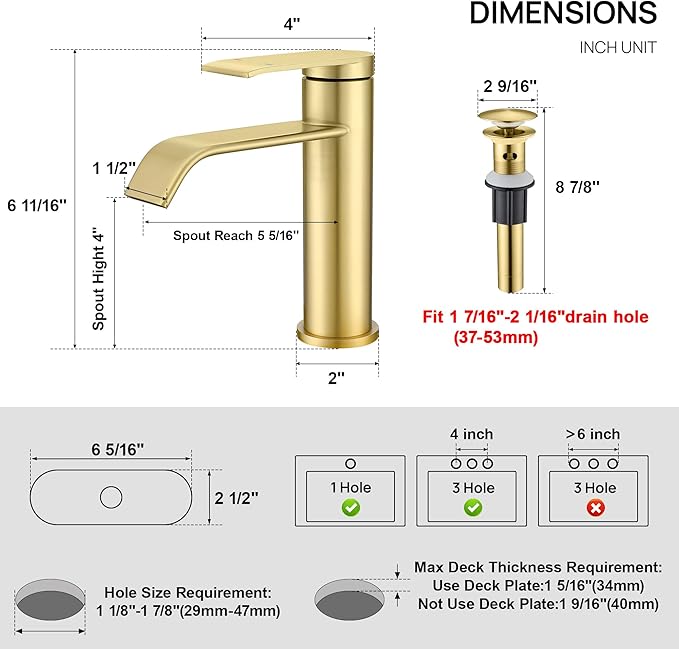GAGALIFE Bathroom Faucet 1 Hole - Brushed Gold Bathroom Sink Faucet with Metal Pop-up Drain Supply Lines and Deck, Modern Waterfall Bathroom Faucets Single Handle, JJL-MP-7001BG