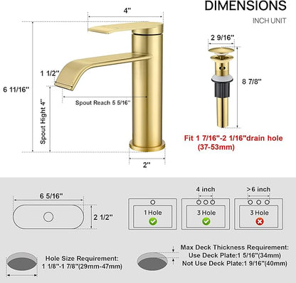 GAGALIFE Bathroom Faucet 1 Hole - Brushed Gold Bathroom Sink Faucet with Metal Pop-up Drain Supply Lines and Deck, Modern Waterfall Bathroom Faucets Single Handle, JJL-MP-7001BG