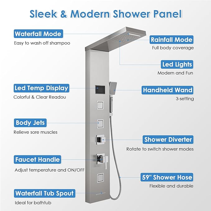 ROVOGO LED Rainfall Waterfall Shower Panel with 3 Body Jets, Handheld and Tub Spout, No Battery Needed Shower Tower with Temp Display, 304 Stainless Steel Brushed