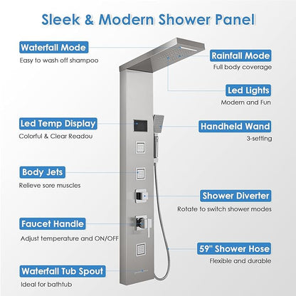 ROVOGO LED Rainfall Waterfall Shower Panel with 3 Body Jets, Handheld and Tub Spout, No Battery Needed Shower Tower with Temp Display, 304 Stainless Steel Brushed