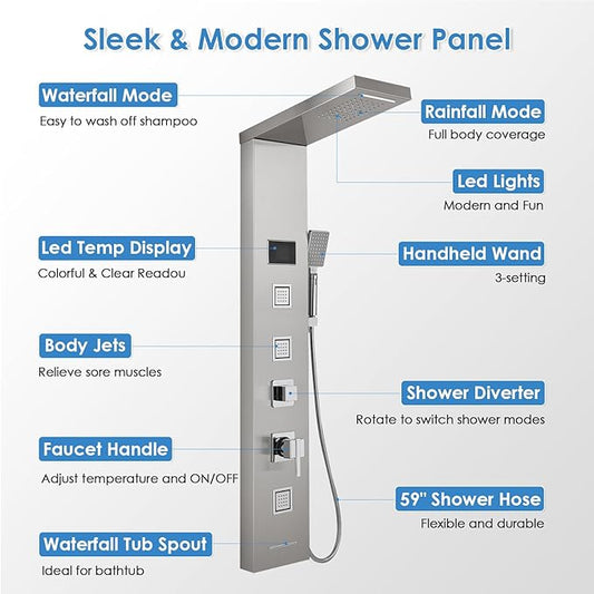 ROVOGO LED Rainfall Waterfall Shower Panel with 3 Body Jets, Handheld and Tub Spout, No Battery Needed Shower Tower with Temp Display, 304 Stainless Steel Brushed