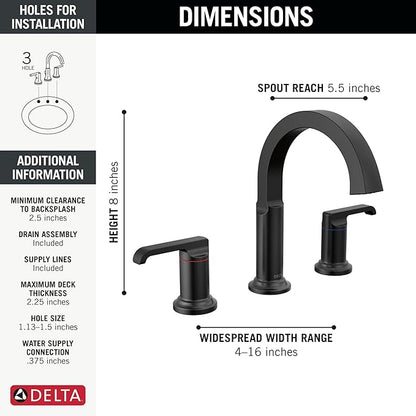 Delta Tetra Matte Black Bathroom Faucet 3 Hole, 8 Inch Widespread Bathroom Sink Faucet for Vanity, Metal Push-Pop Drain Assembly, Matte Black 35588-BL-DST