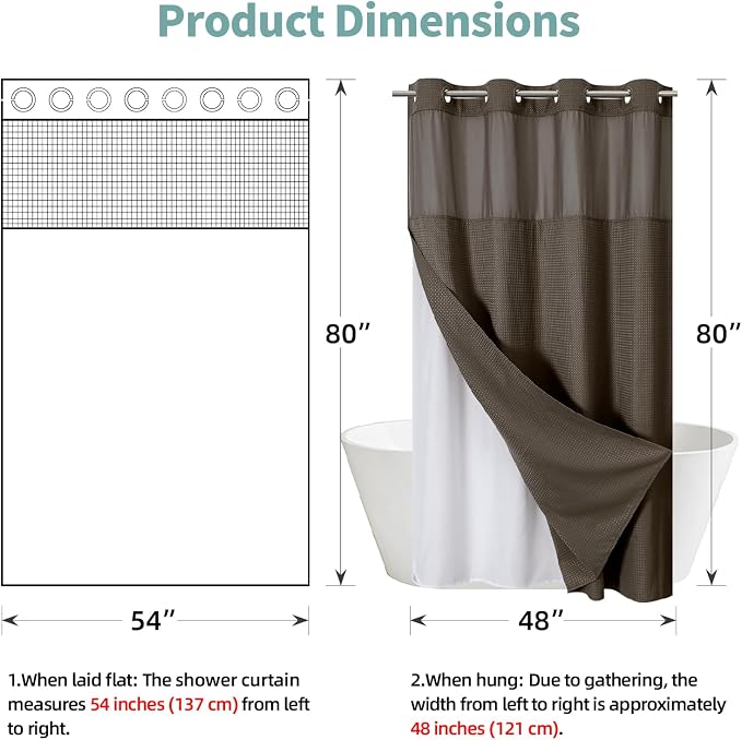 eachope No Hook Waffle Shower Curtain with Snap-in Liner, 54x80 Inch, Brown | 230GSM waffle weave fabric, waterproof liner set with 2 bottom magnets, mesh window, washable, for shower stalls or bathrooms