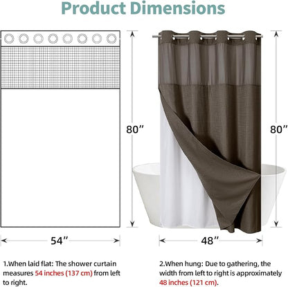 eachope No Hook Waffle Shower Curtain with Snap-in Liner, 54x80 Inch, Brown | 230GSM waffle weave fabric, waterproof liner set with 2 bottom magnets, mesh window, washable, for shower stalls or bathrooms