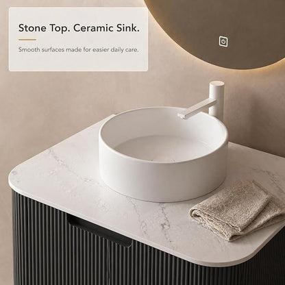 30 Inch Bathroom Vanity with Sink, Floating Wall Mounted Single Sink Vanity, Black Curved Fluted Front, Stone Top, Pure White Round Vessel Basin, Pre-Assembled
