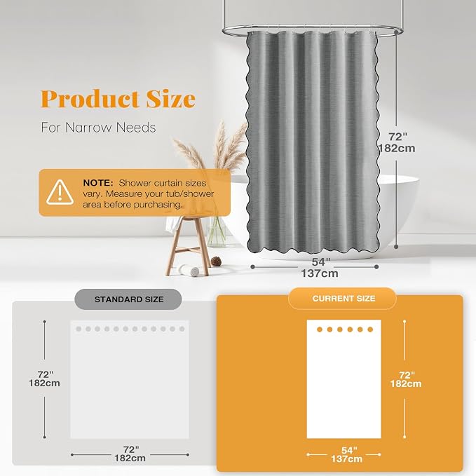 BTTN Small Shower Curtain, 54 Inch Boho Scalloped Linen Textured Heavy Duty Fabric Shower Curtain Set with 10 Hooks, Narrow Country Elegant Waterproof Fabric Shower Curtains for Bathroom, 54x72, Grey