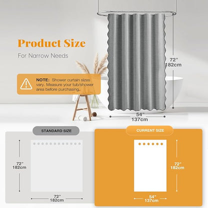 BTTN Small Shower Curtain, 54 Inch Boho Scalloped Linen Textured Heavy Duty Fabric Shower Curtain Set with 10 Hooks, Narrow Country Elegant Waterproof Fabric Shower Curtains for Bathroom, 54x72, Grey