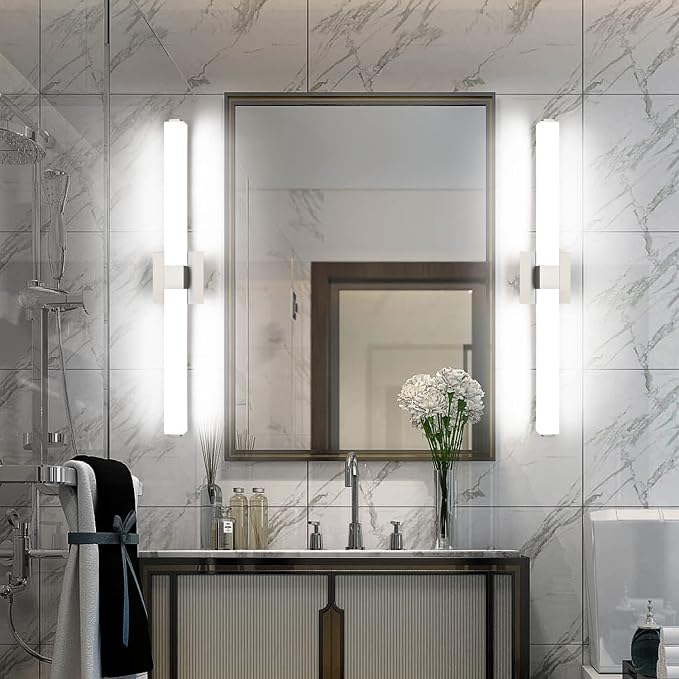 32 Inch Brushed Nickel Modern Vanity Light Bar: IP44 Waterproof Bathroom Light Fixtures Over Mirror 6000K Daylight 22W
