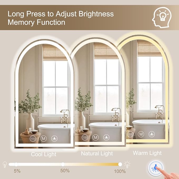 Arched LED Bathroom Mirror with Lights 24"x48", Anti-Fog,LED Mirrors with Light, Anti-Fog, Dimmable, 3 Color, Shatterproof, Touch Sensor