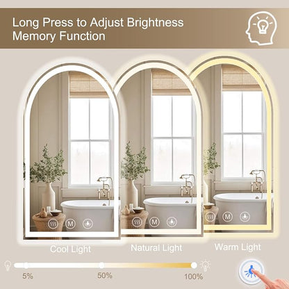 Arched LED Bathroom Mirror with Lights 24"x48", Anti-Fog,LED Mirrors with Light, Anti-Fog, Dimmable, 3 Color, Shatterproof, Touch Sensor