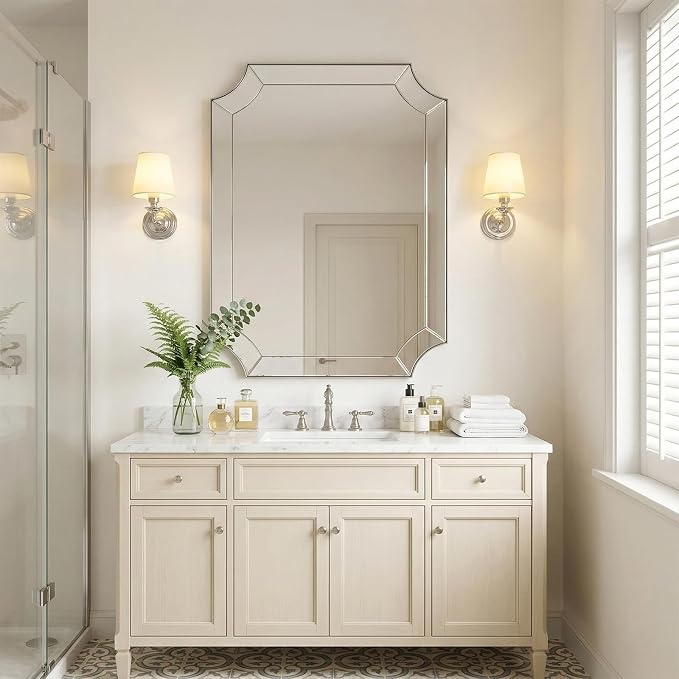 Brushed Nickel Mirror 30x40 Inch, Rectangle Bathroom Mirror for Wall, Large Scalloped Wall Mirror, Vintage Notched Edges Design Ideal for Entryway, Living Room & Bedroom Decor