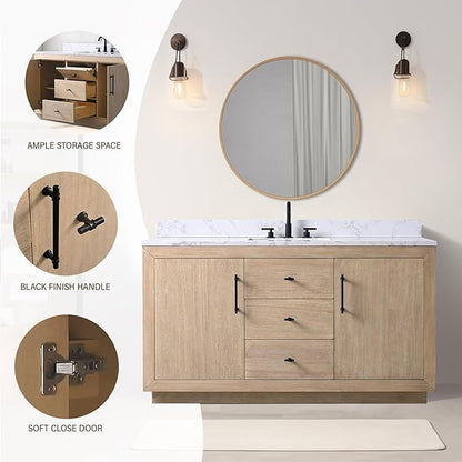 HOMEBEYOND 60" Bathroom Vanity with Single Sink & Ceramic Top, MDF Material Vanity Cabinet with Basin Combo, Soft-Closing Doors, Removable Shelf, Backsplash