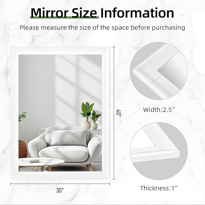 Rectangle Mirrors for Wall 30x40 Inch, White Wood Framed Bathroom Mirror with Tempered Glass,Shatter-Proof Mirror for Bedroom Living Room Office or Hallway (White, 30x40 in)