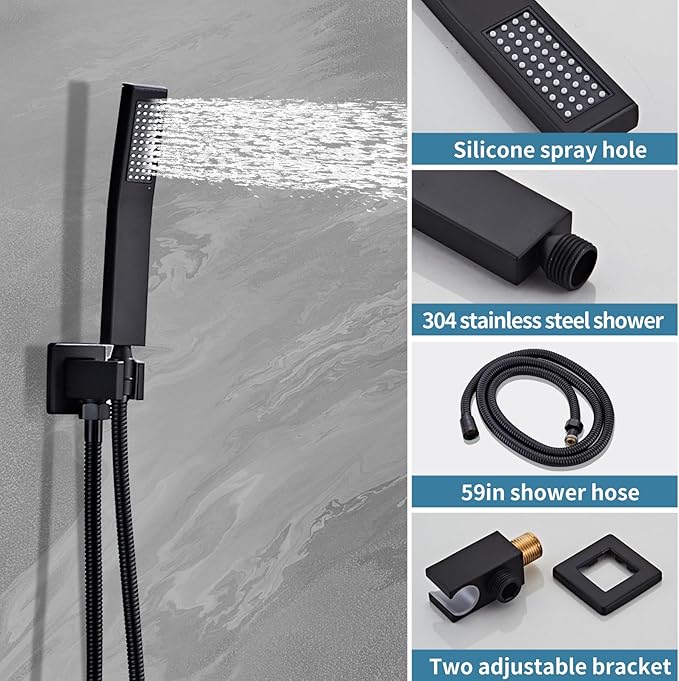Shower Faucet Set Complete, Shower System Black with 10 inch Square Rainfall Shower Head 3-Function Handheld Shower Waterfall Bathtub Spout Rain Shower Combo Mounted Bathroom Wall fit All Valve Types